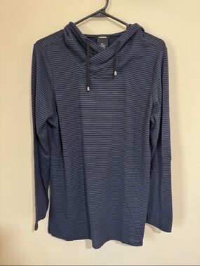 Premise Navy and Charcoal Striped Hooded Long Sleeve Shirt